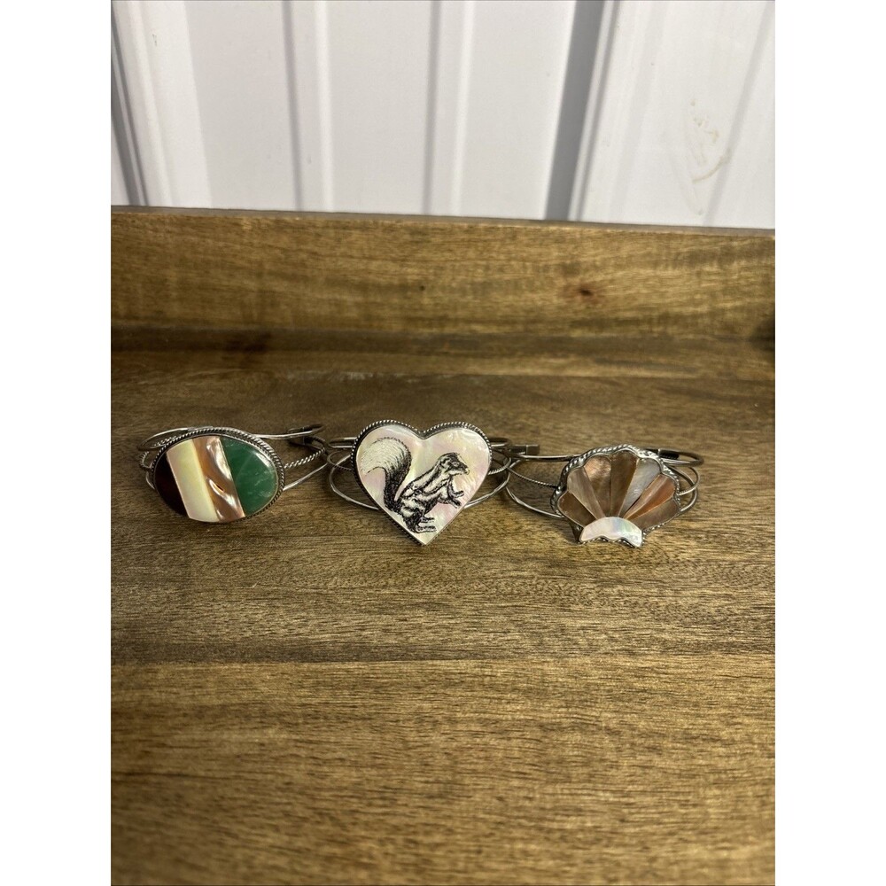 Lot Of 3 Southwest Style Silver Tone Cuffs With Abalone And Mother Of Pearl
